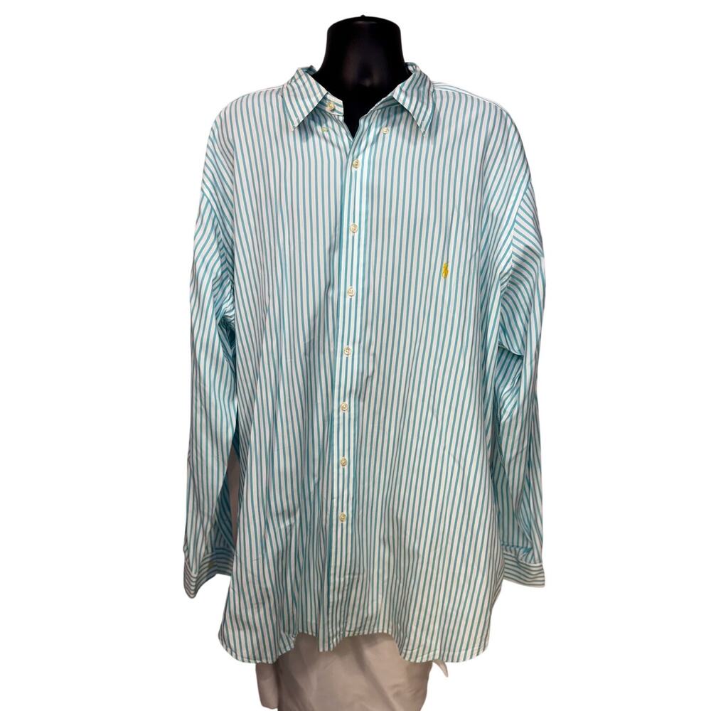 Ralph Lauren Men's 3XLT Tall Striped Button Down Shirt Turquoise White Cotton